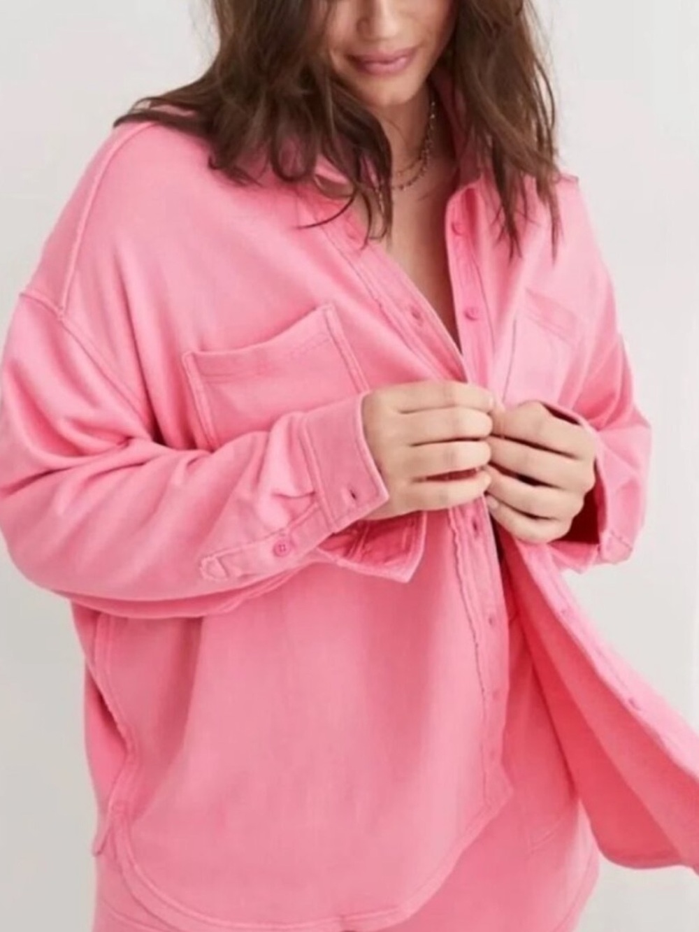 AERIE WOMENS PINK LUMBERJANE BUTTON DOWN SHIRT TOP OVERSIZED XXS/XS